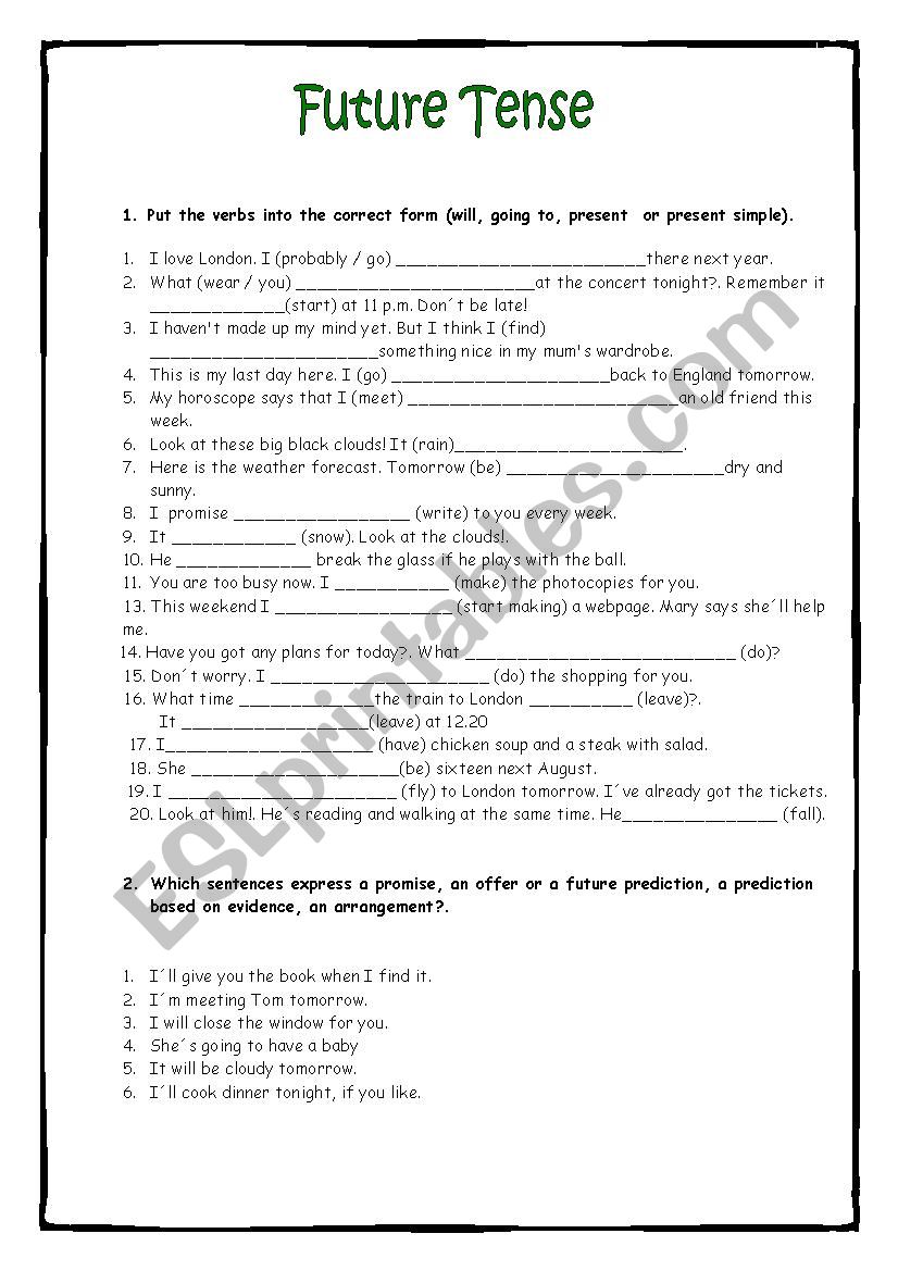 Future Tense with key worksheet