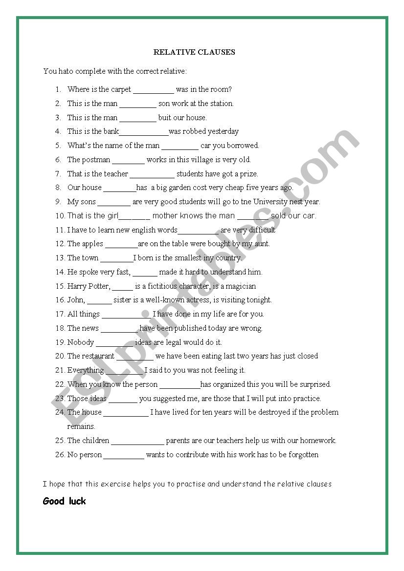 RELATIVE CLAUSES worksheet