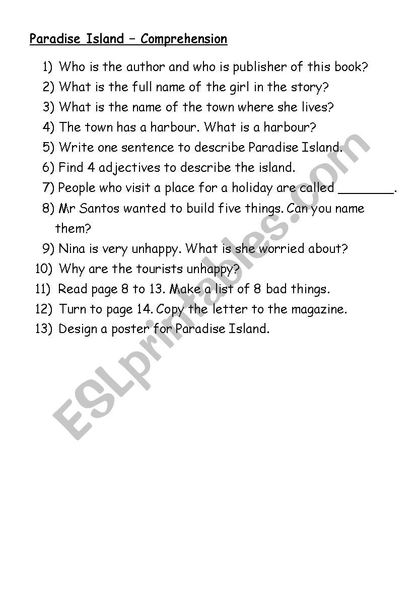 Paradise Island by  Norman Whitney - comprehension questions