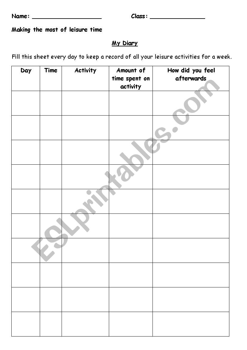 Leisuretime Diary worksheet