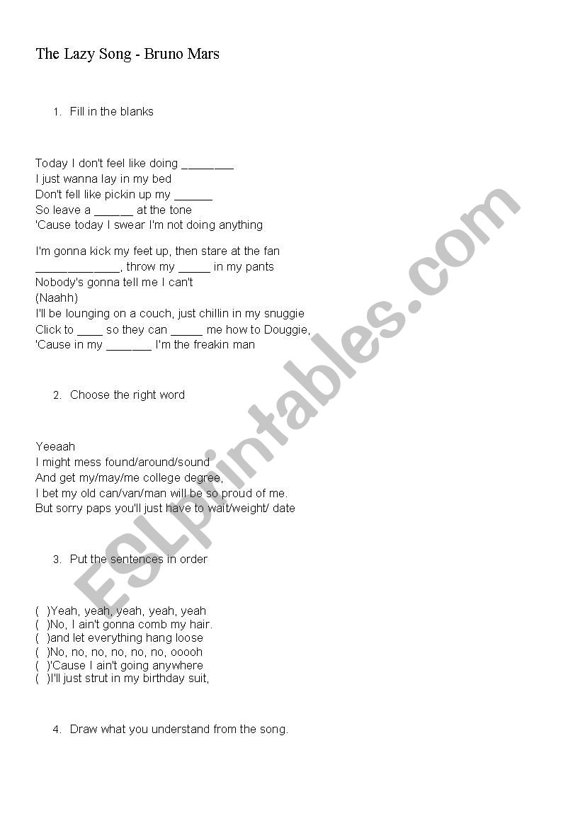 The Lazy Song worksheet