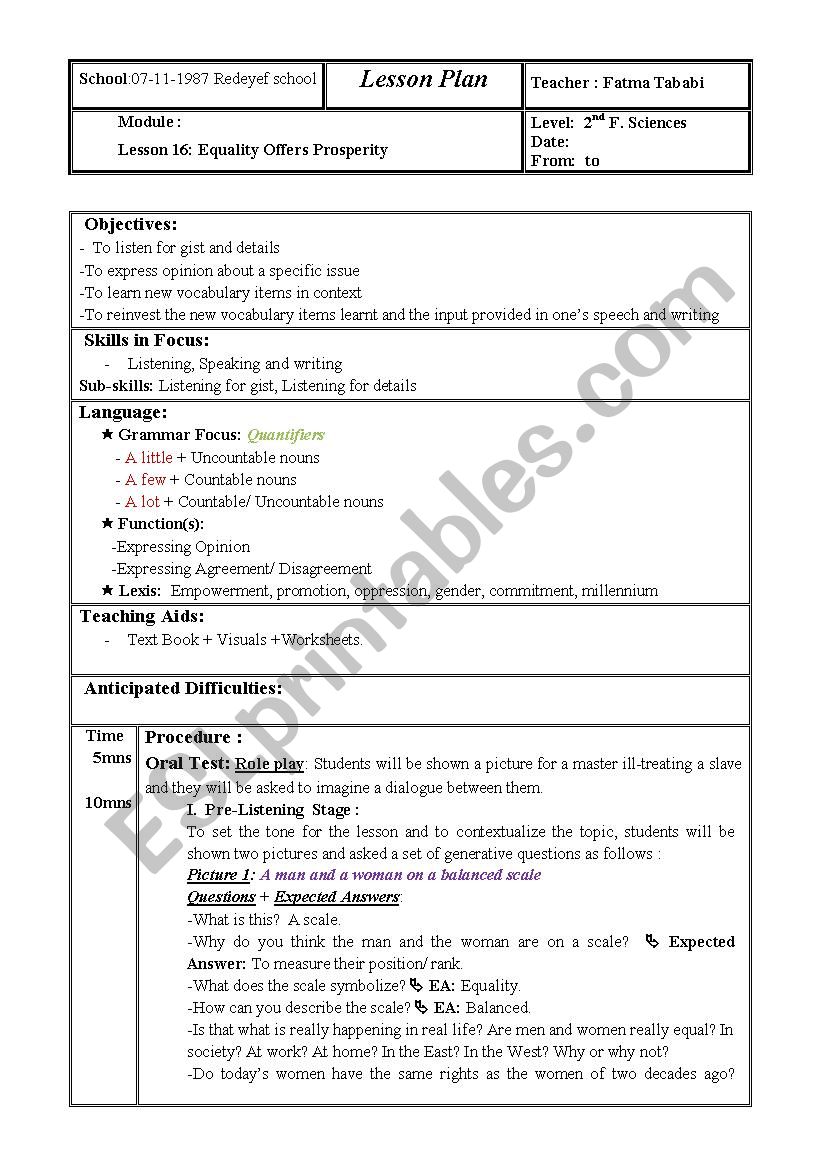 Equality Offers Prosperity  (lesson plan + Visuals) (Lesson : 16 , 2nd Form. Tunisian curriculum) 