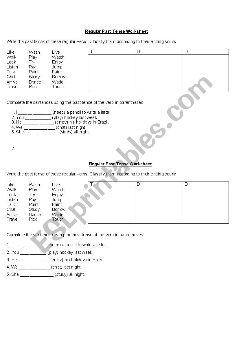 Past Tense exercices worksheet