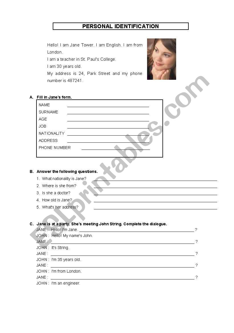 Personal Identification worksheet