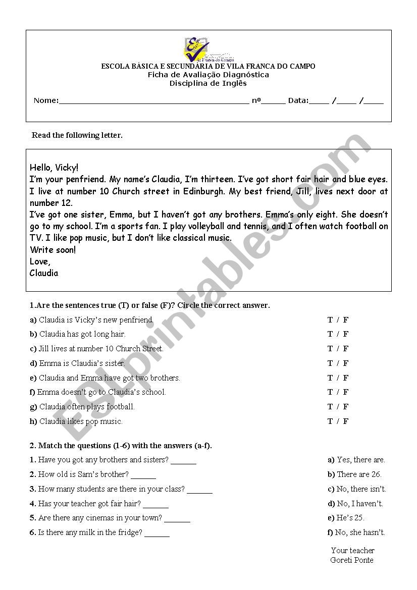 Diagnosis test worksheet