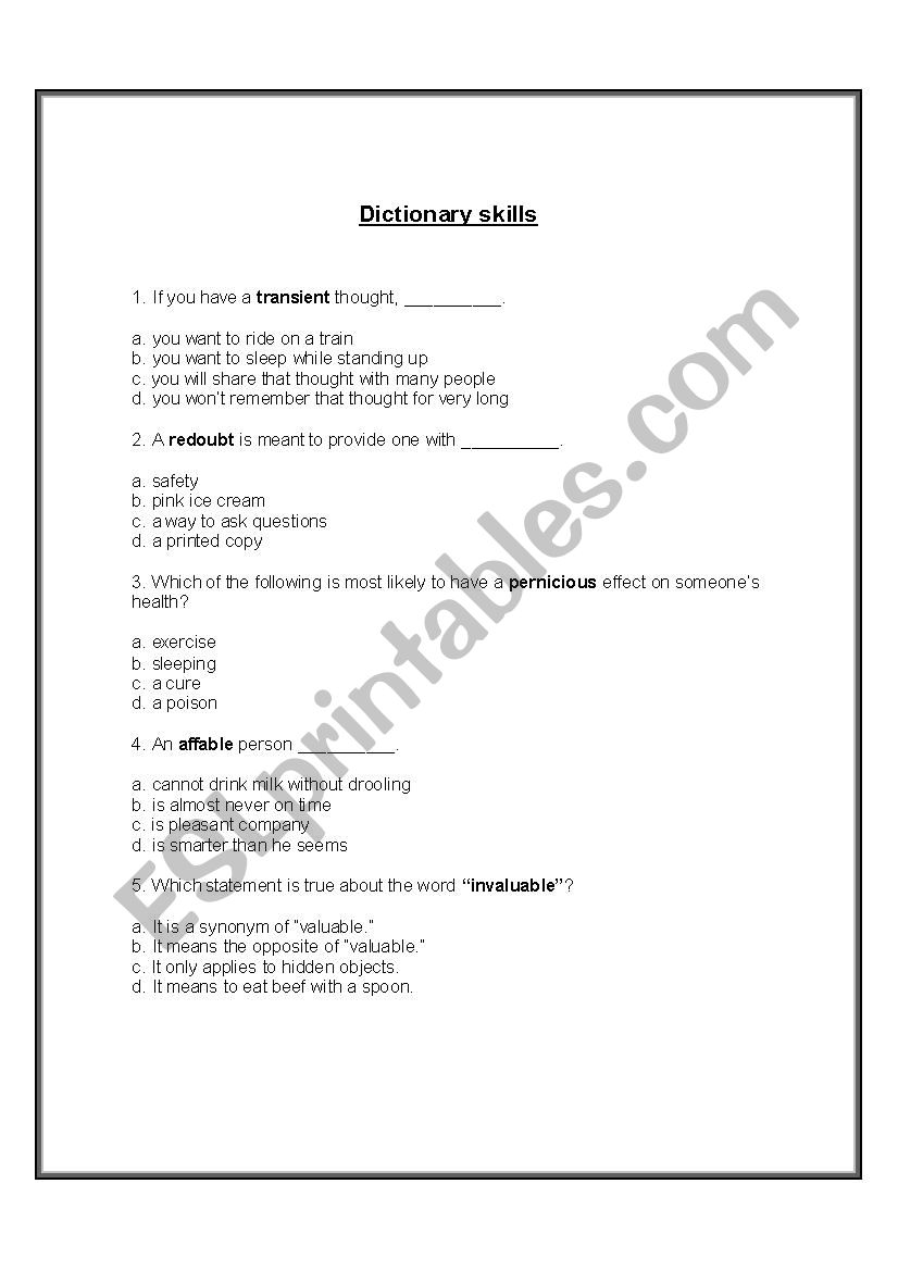dictionary skills worksheet