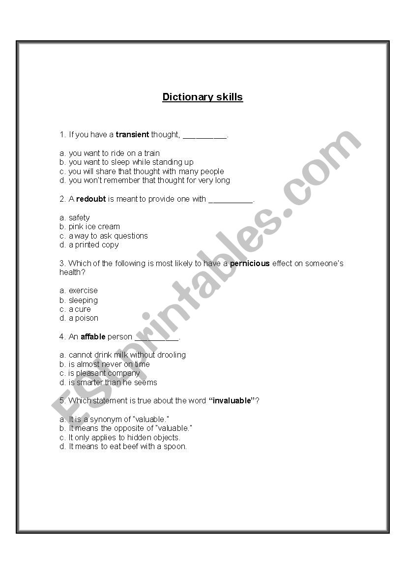 dictionary skills worksheet
