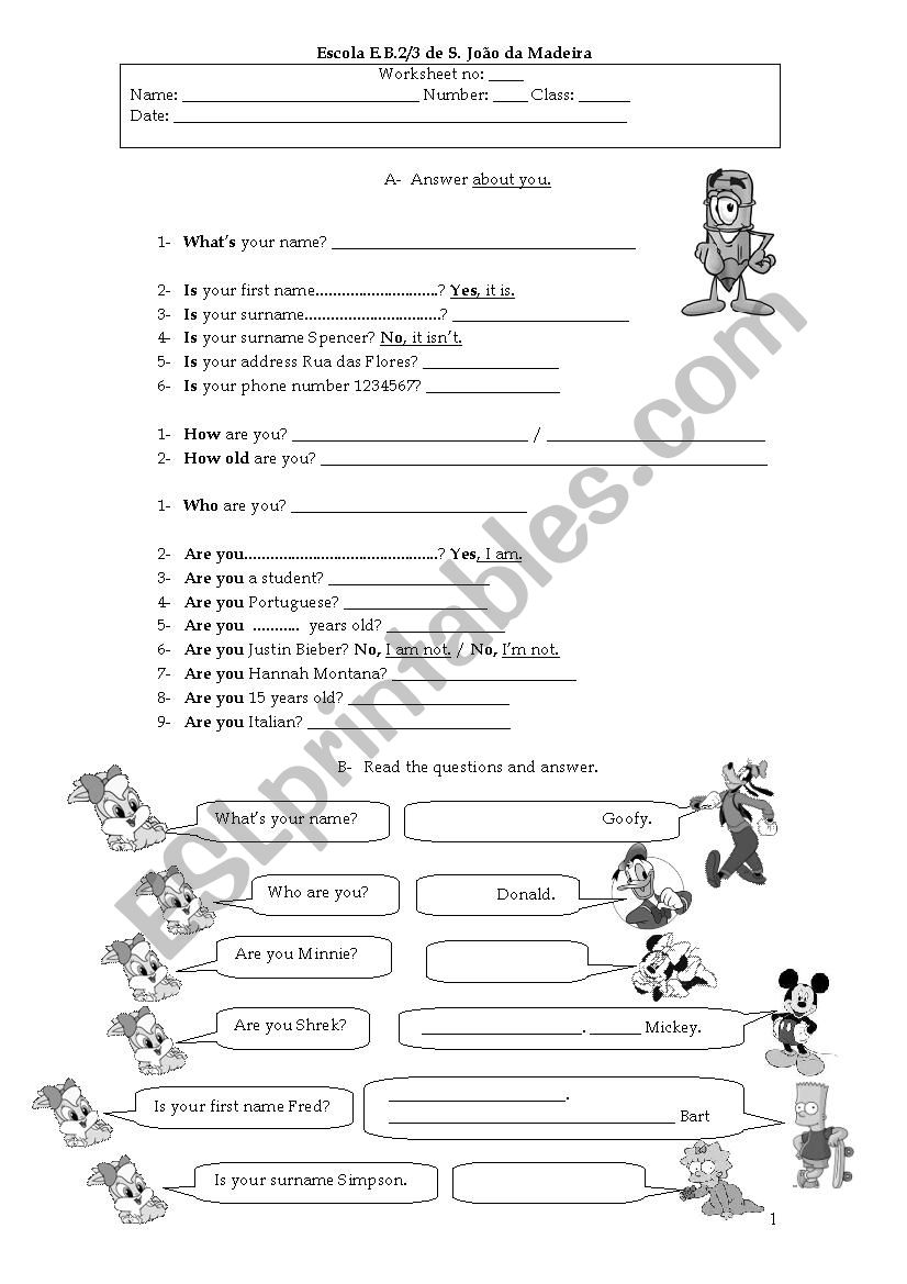 personal information worksheet