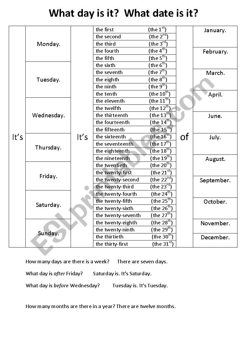 Days and dates worksheet