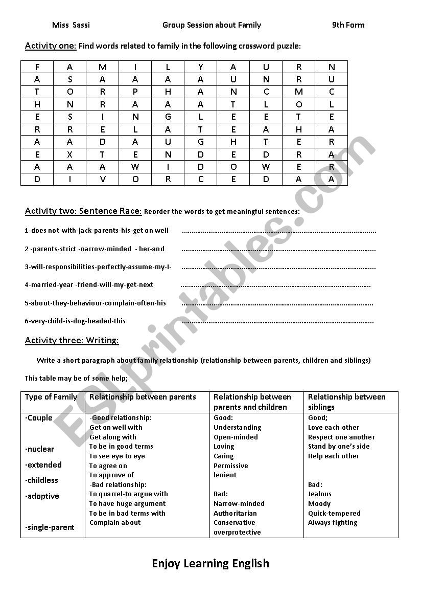 Group session about family 9th form