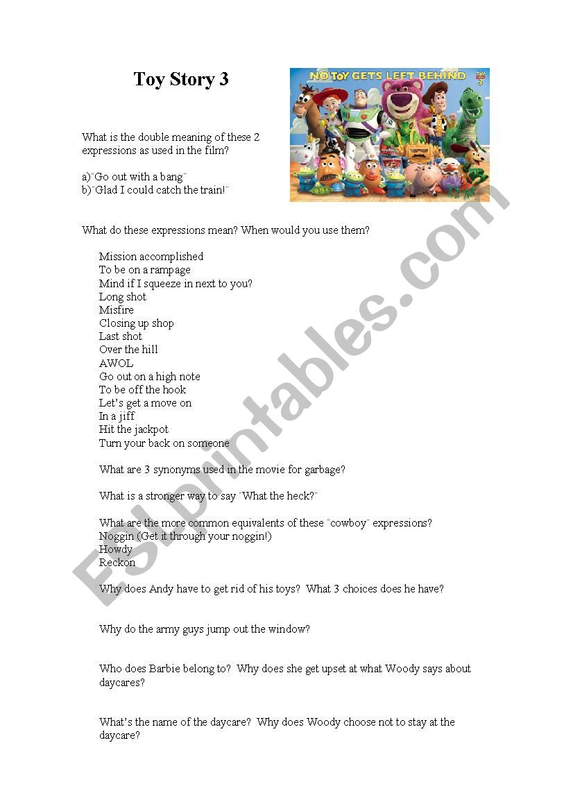 Toy Story 3 (Part 1) Vocab and Discussion Questions worksheet