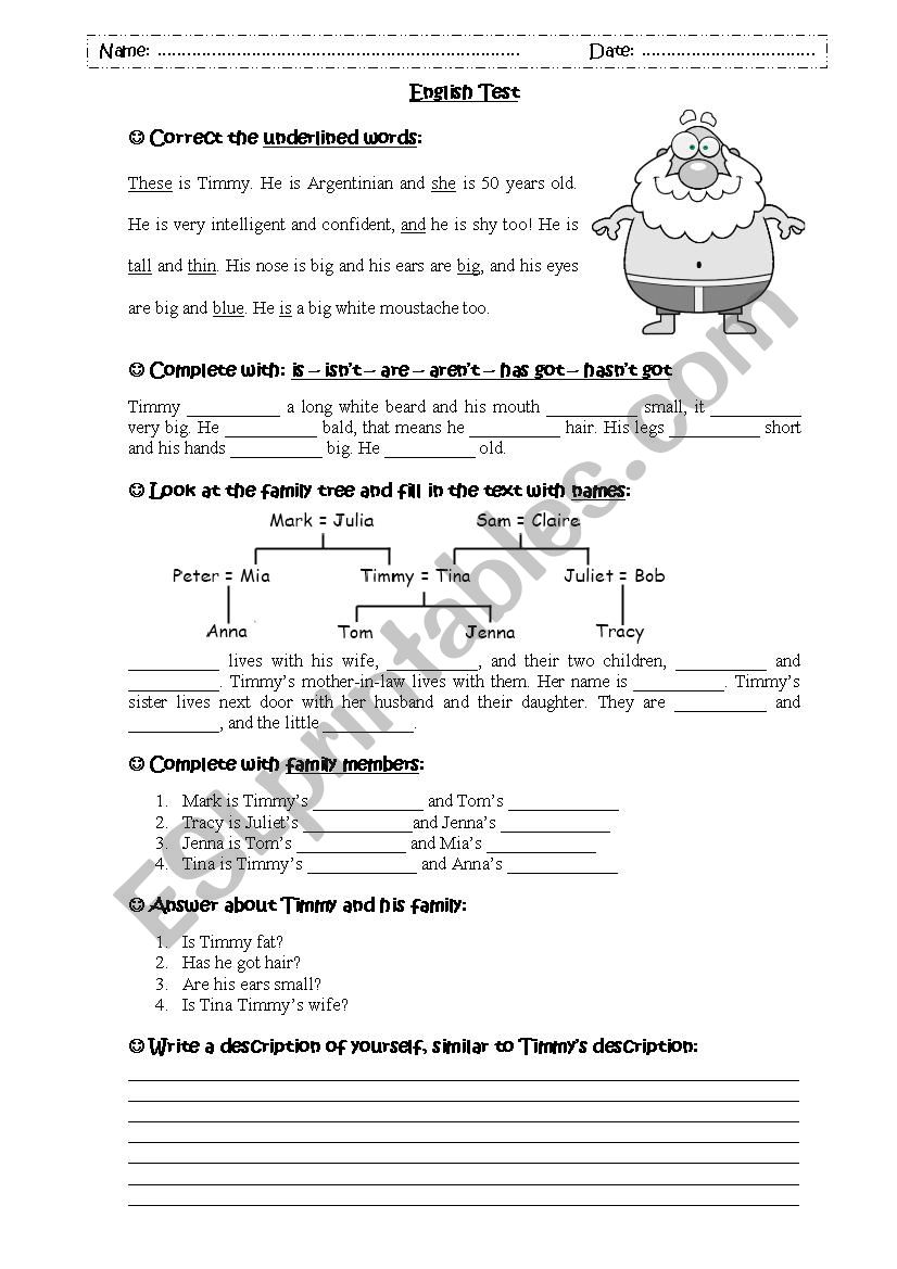 Timmy and his family worksheet