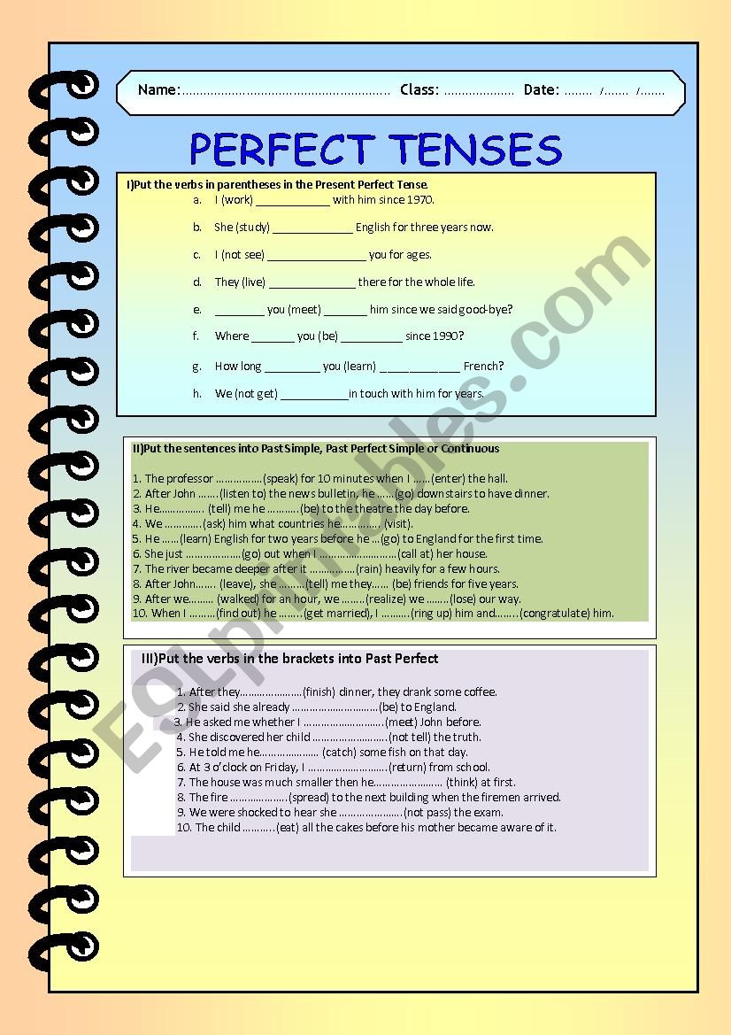 REVISING PERFECT TENSES worksheet