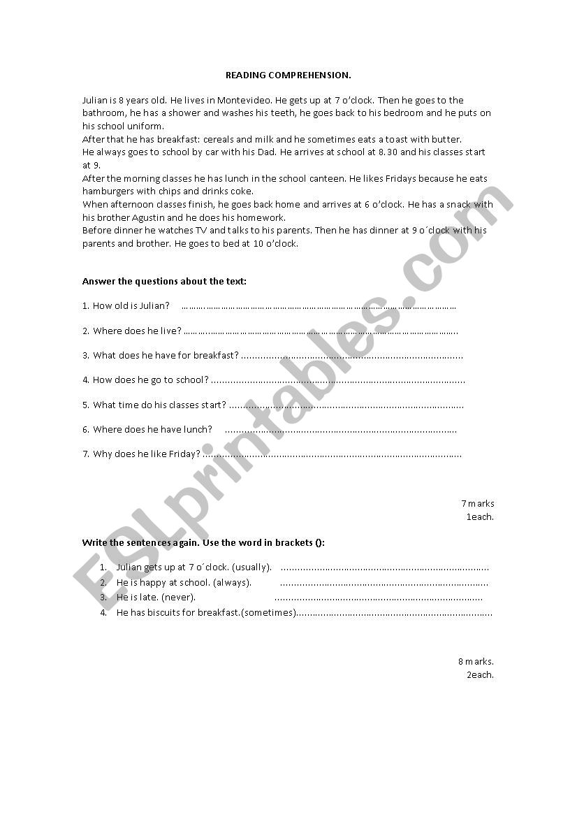 Reading comprehension worksheet