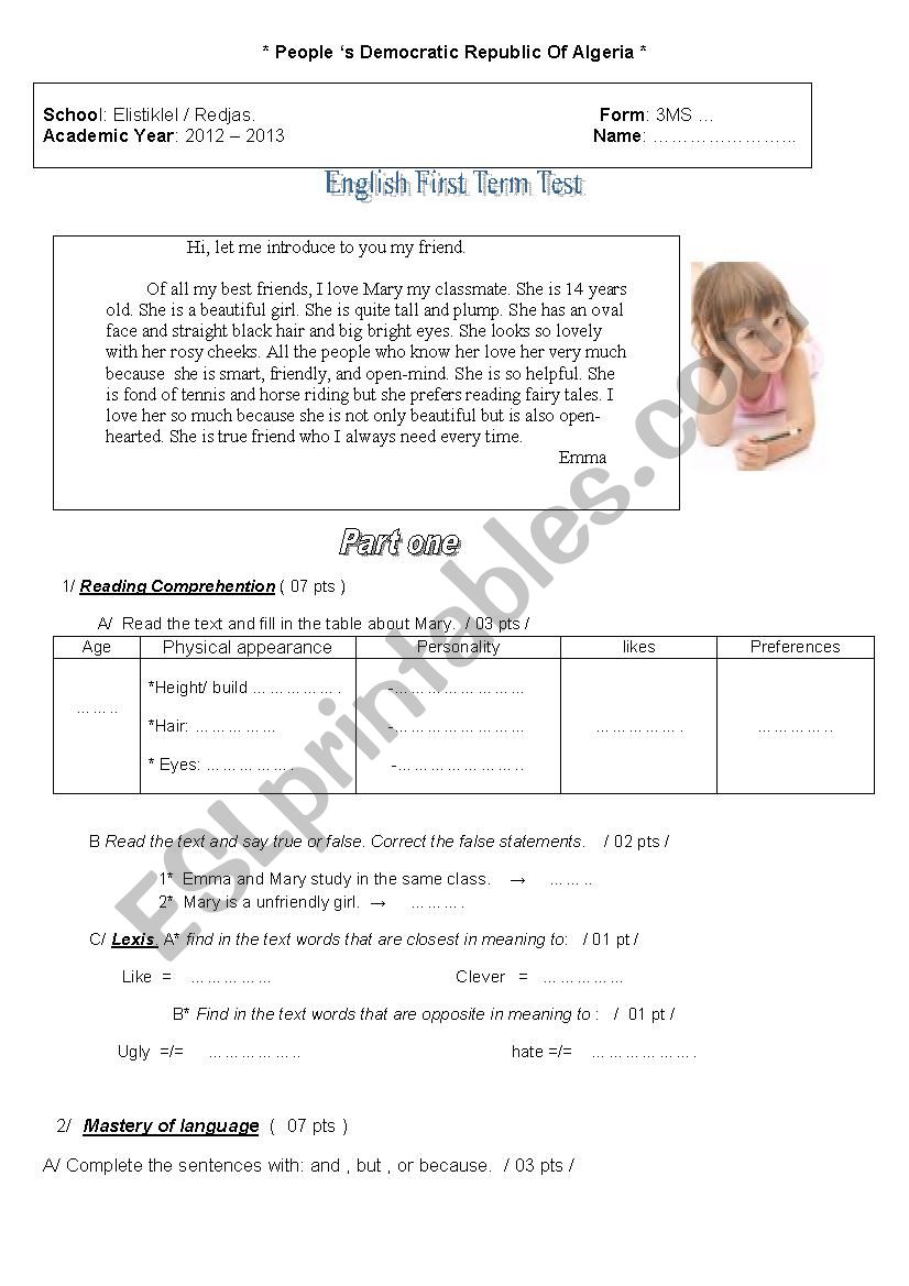  Test about describing people worksheet