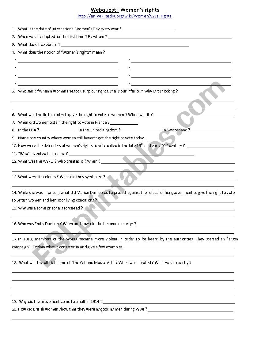 Womens rights worksheet