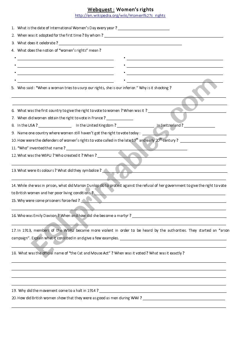 WomenÂ´s rights worksheet