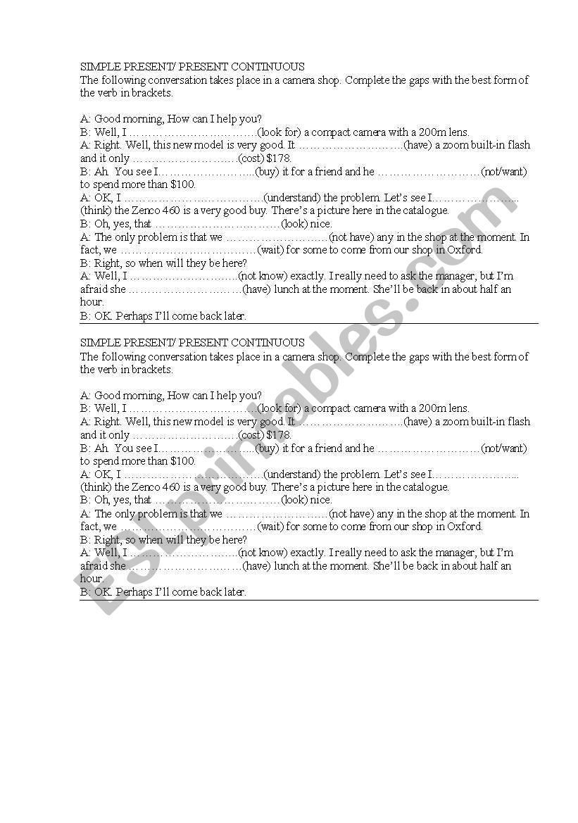 dialogue at a shop worksheet