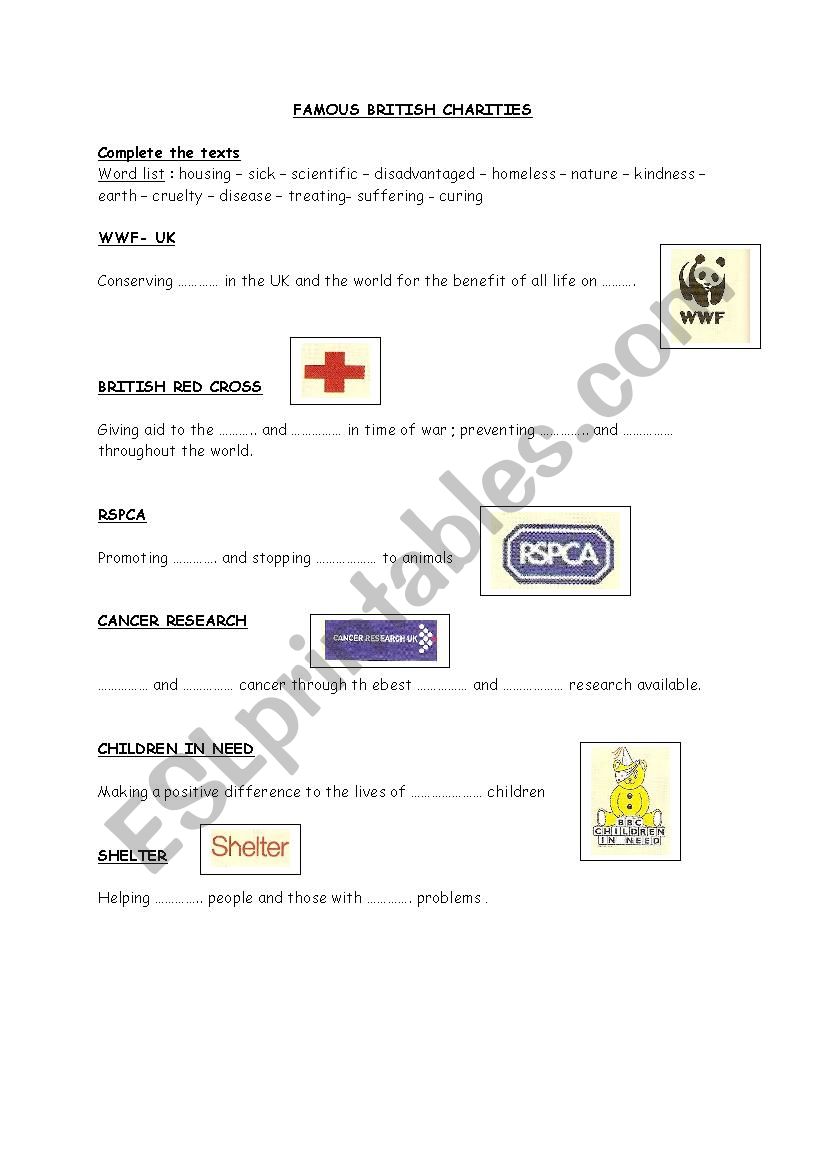 British charities worksheet