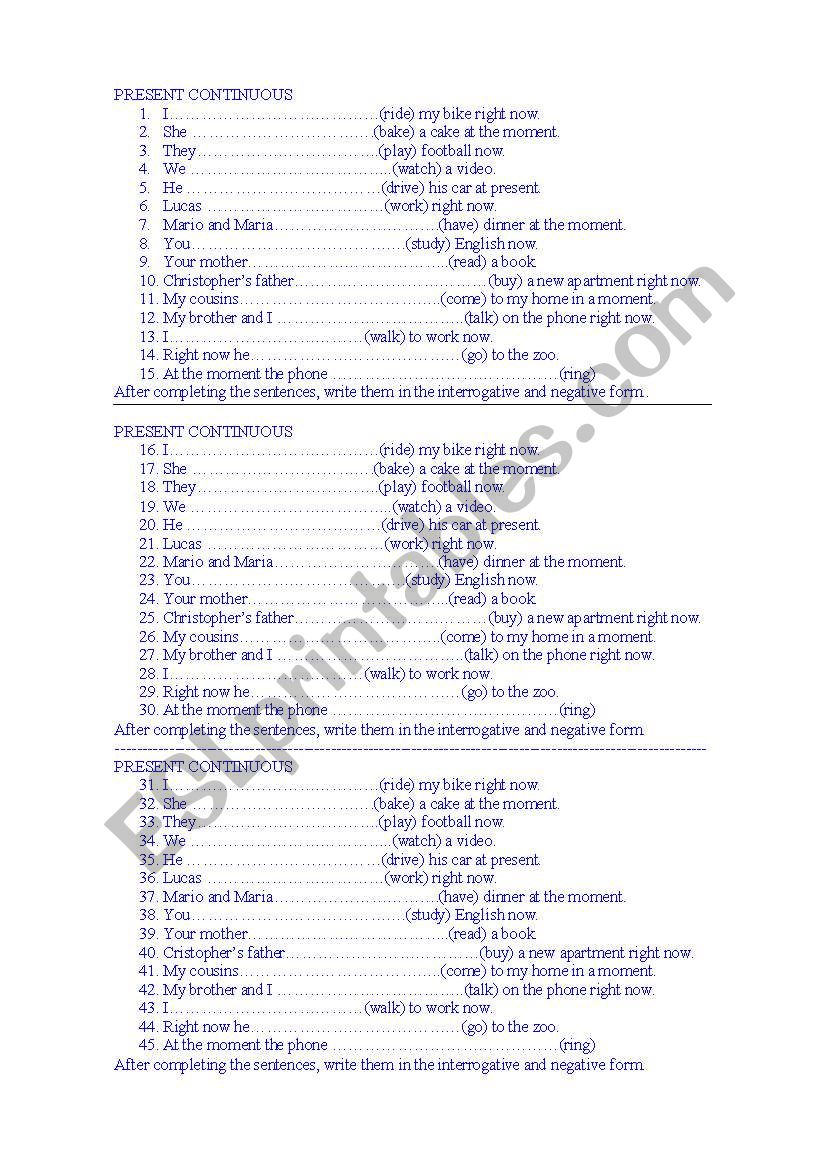 present continuous worksheet