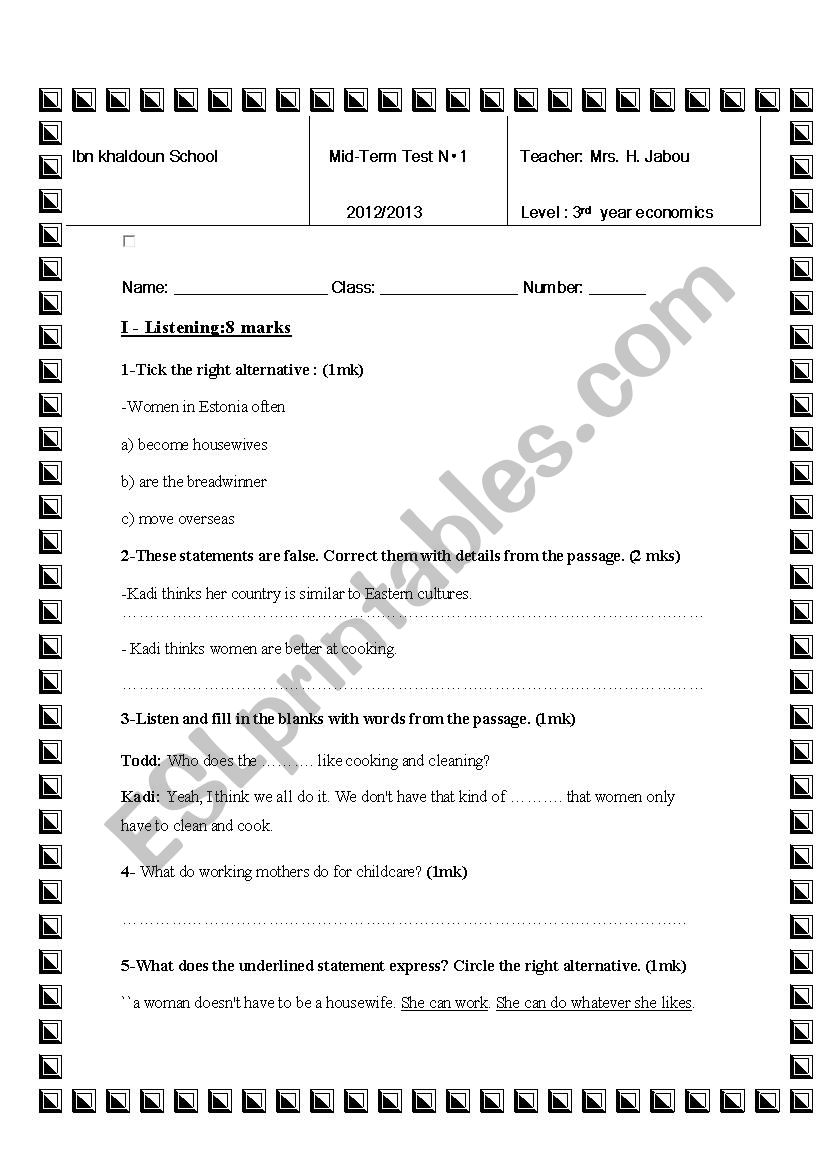 Mid-term test N 1(3rd form) worksheet