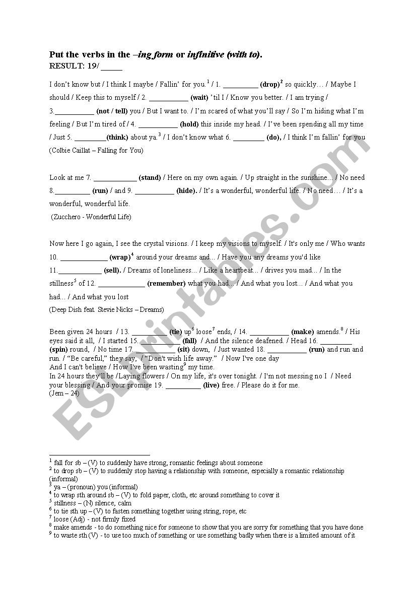 Grammar and Songs; -ing form and infinitive (with to)