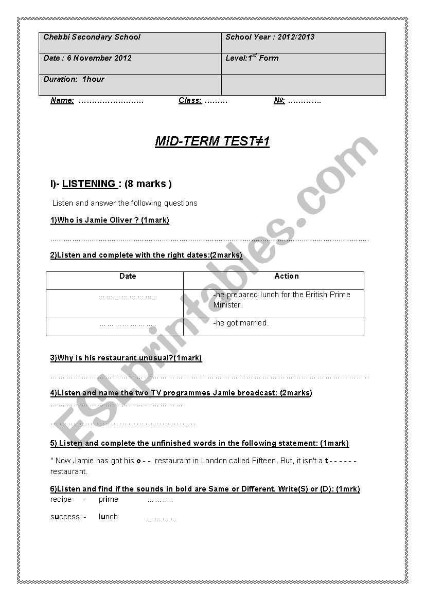 listening test worksheet