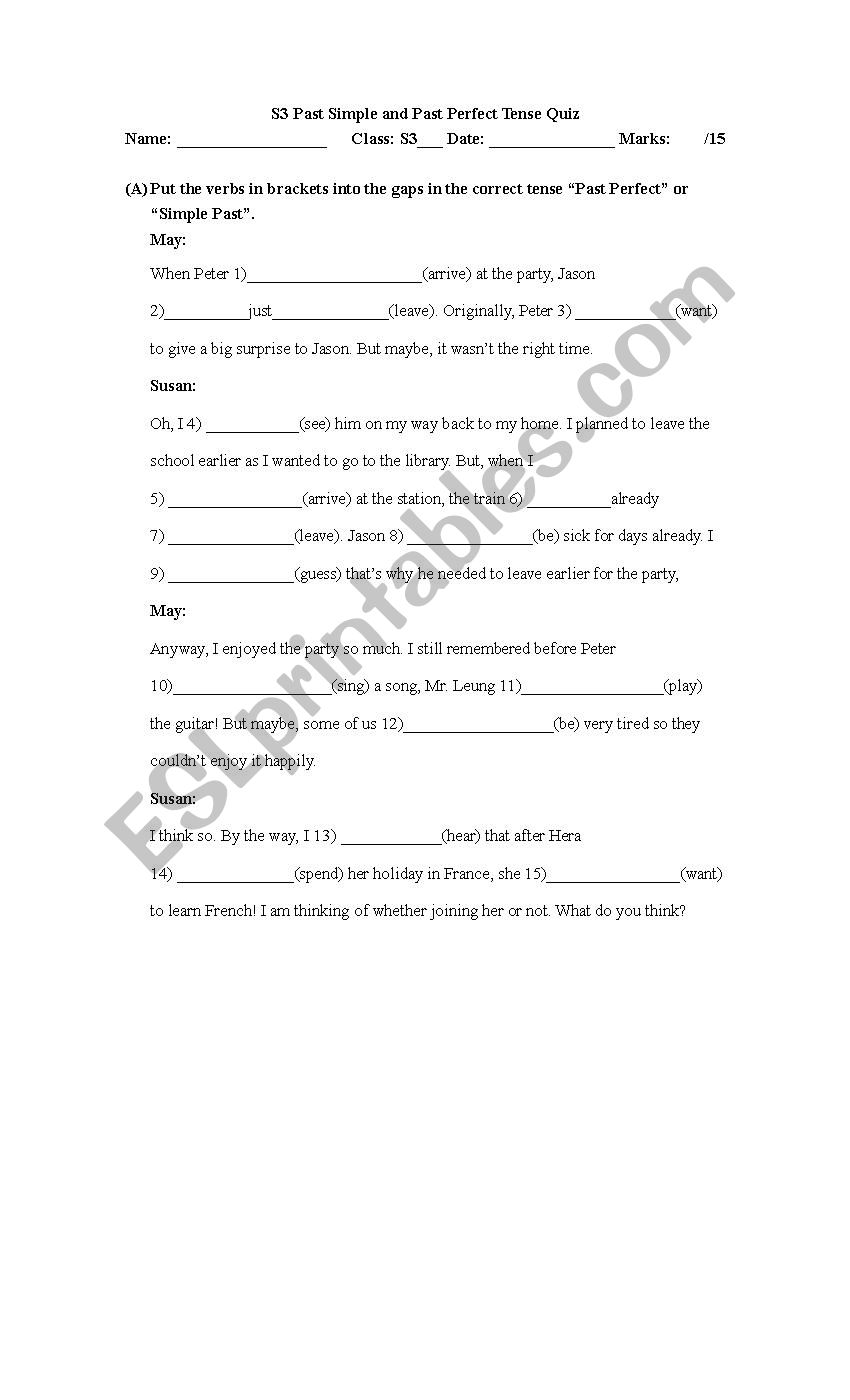 Past and Past Perfect Tense worksheet