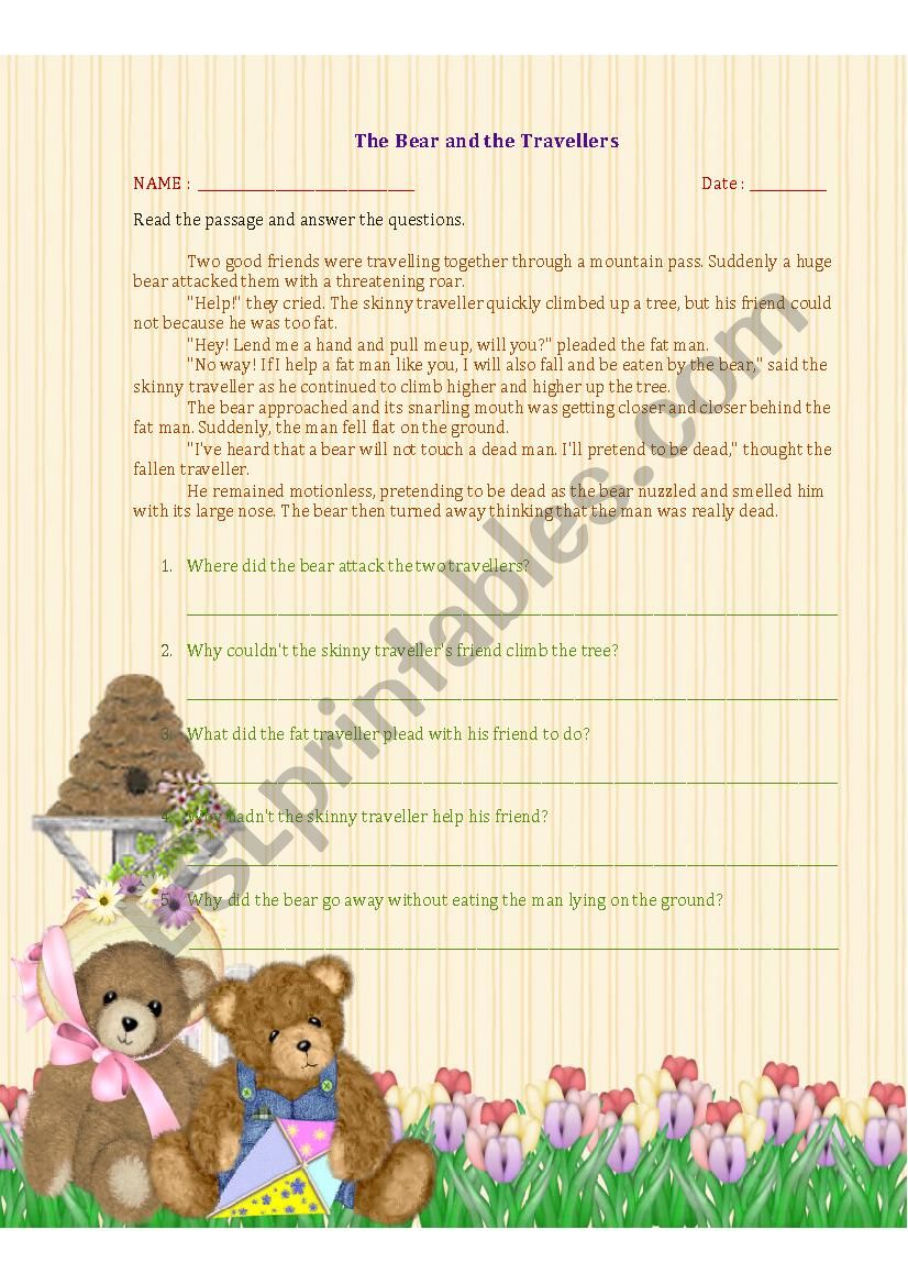 The Bear and the Travellers worksheet