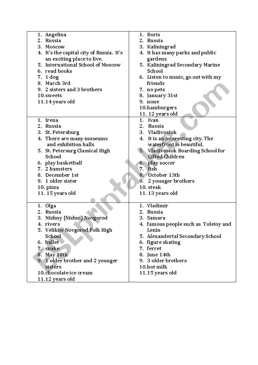 Getting to Know You Cards worksheet