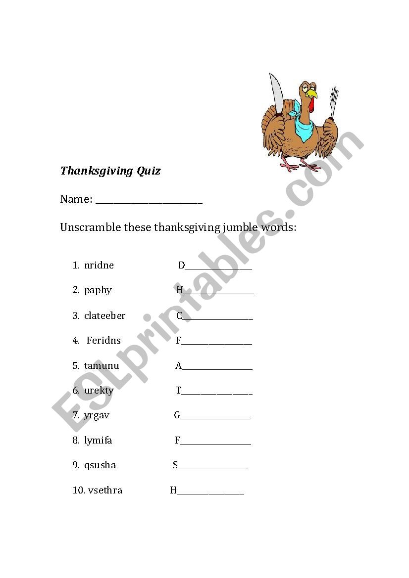 Thanksgiving day quiz printable