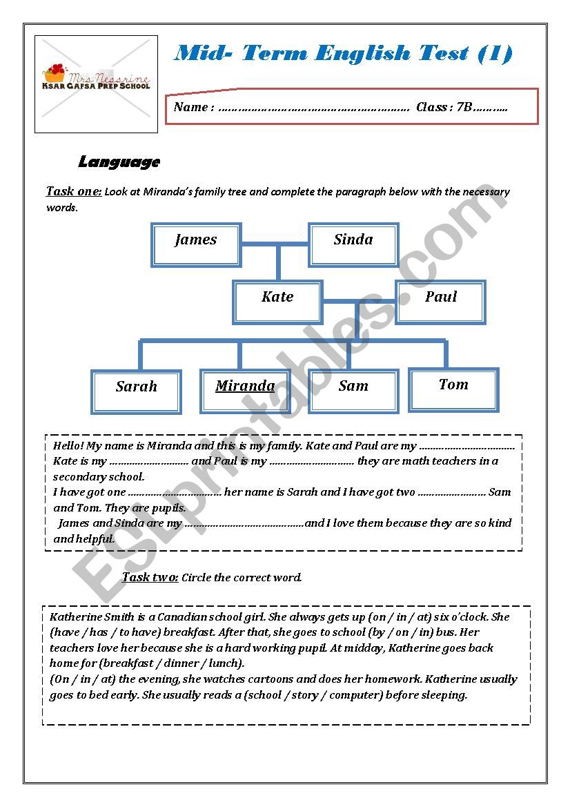 mid-term test worksheet