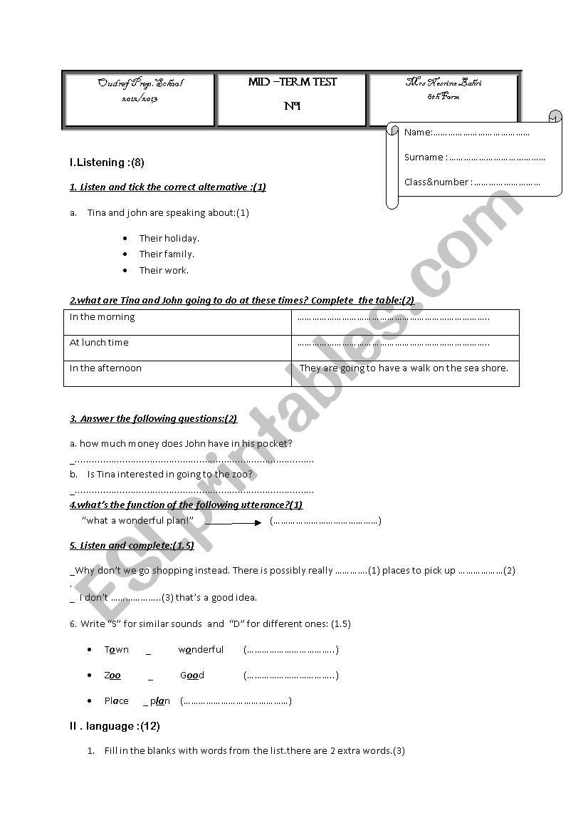 8TH FORM MID TERM TEST1 worksheet