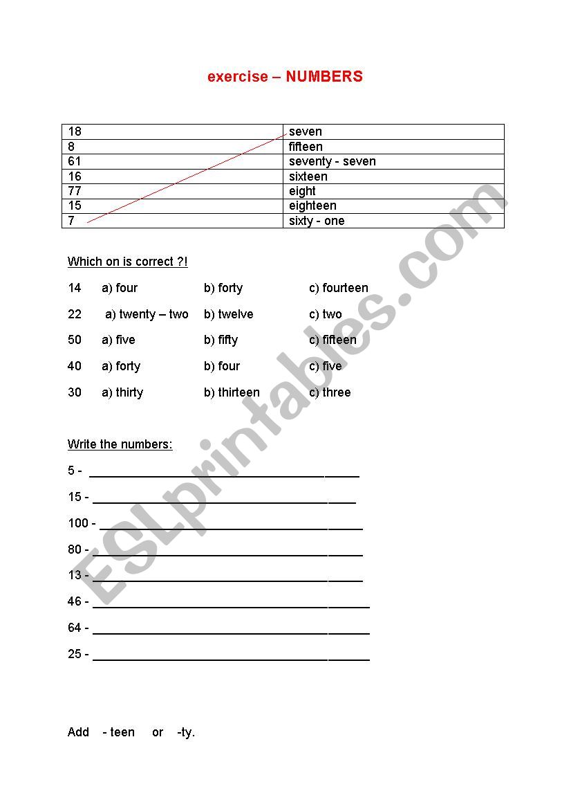 NUMBERS worksheet