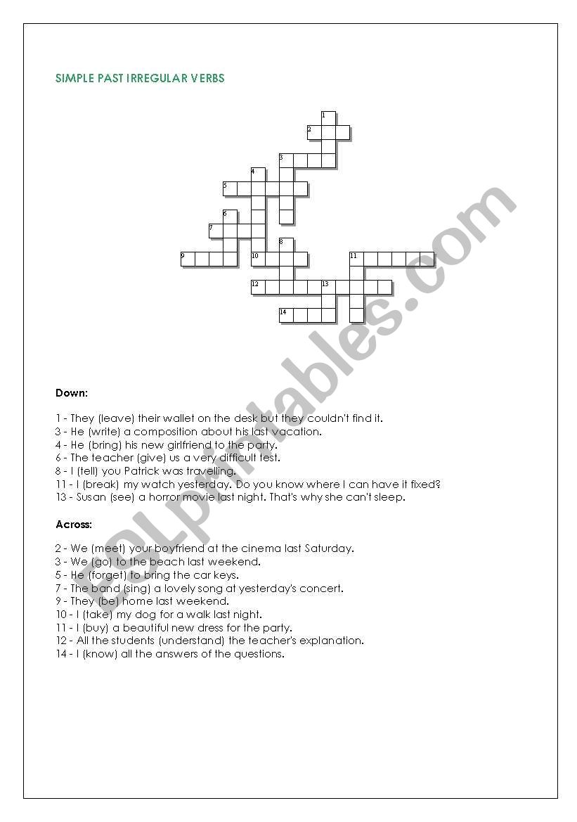 Simple past irregular verbs crossword