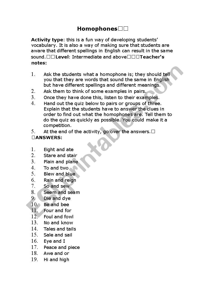 Homophones worksheet