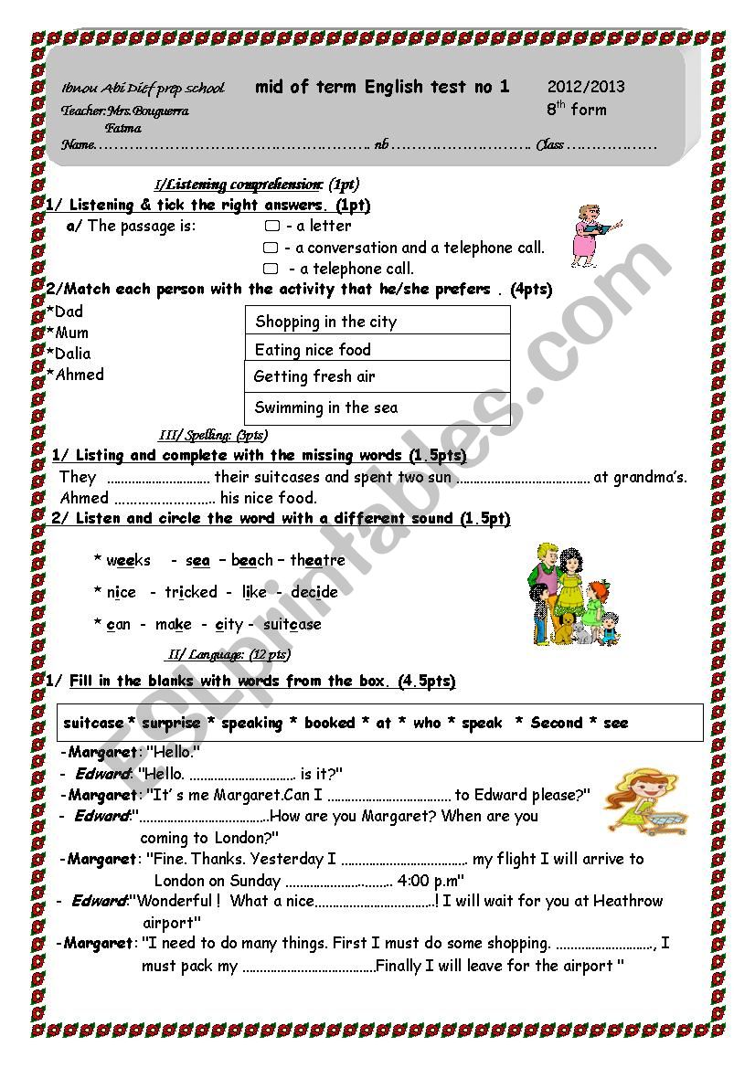 mid term test nb 1 8th form worksheet