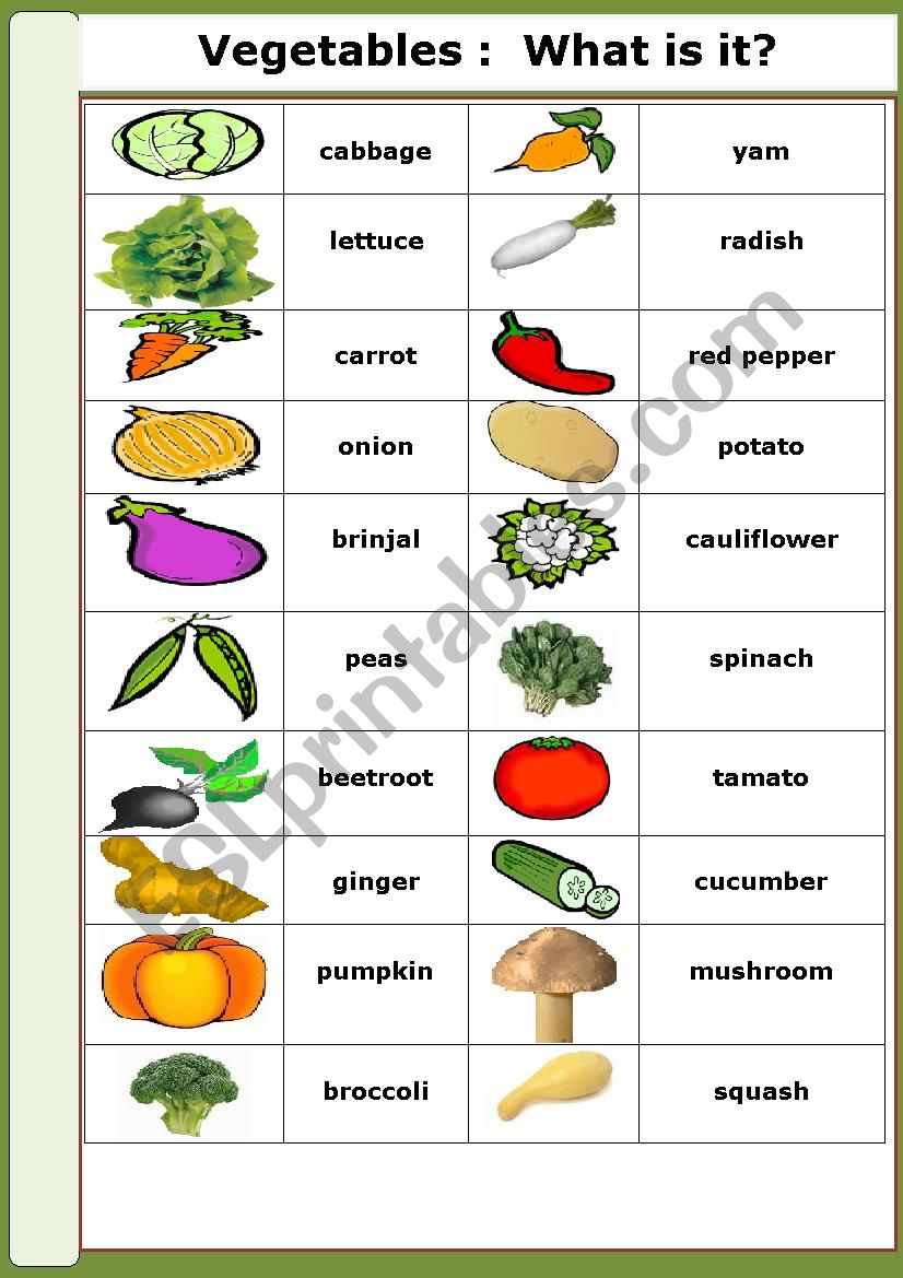 vegetables worksheet