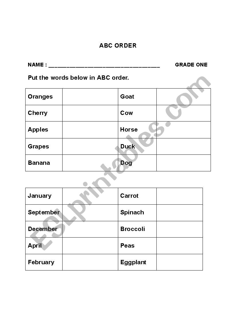 ABC Order worksheet