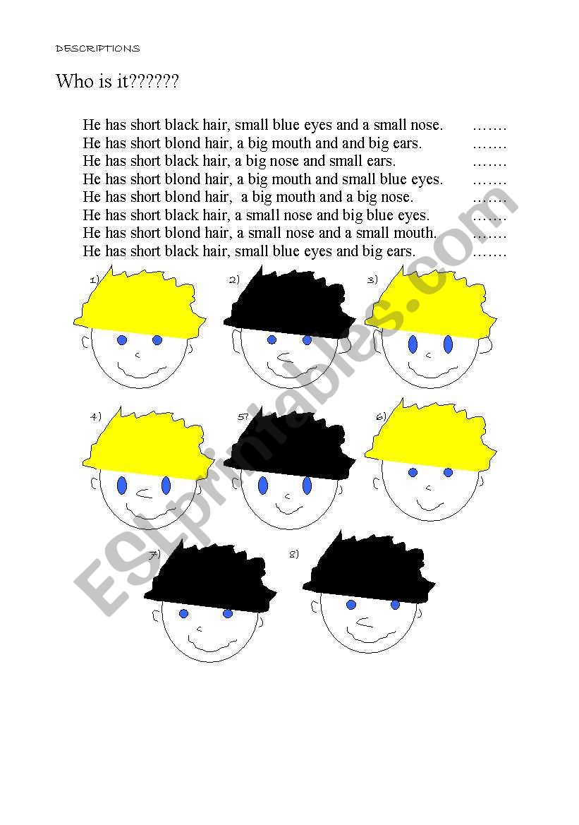 Face Description worksheet