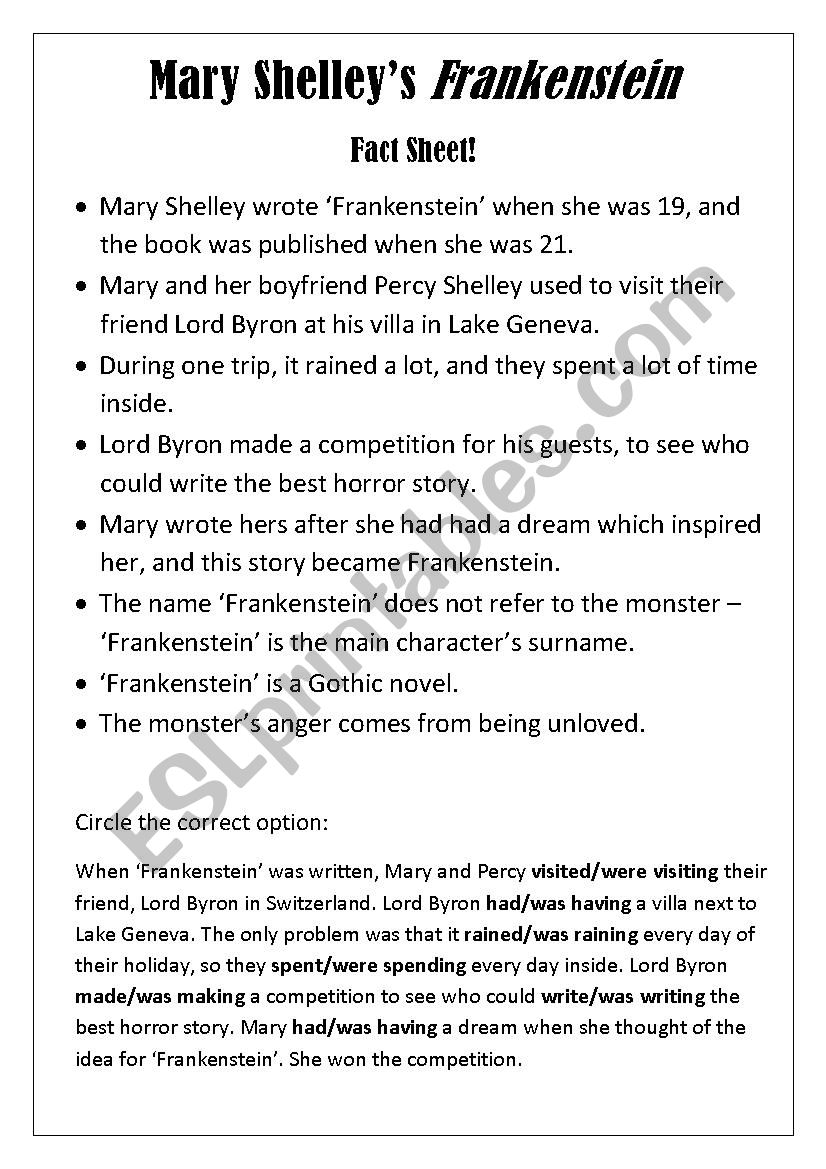 Mary Shelley Frankenstein Fact Sheet