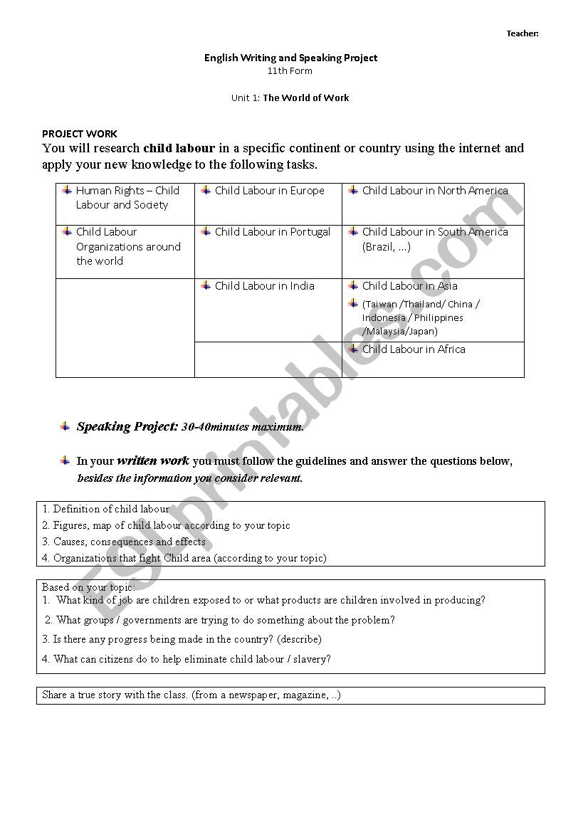 child labour project worksheet