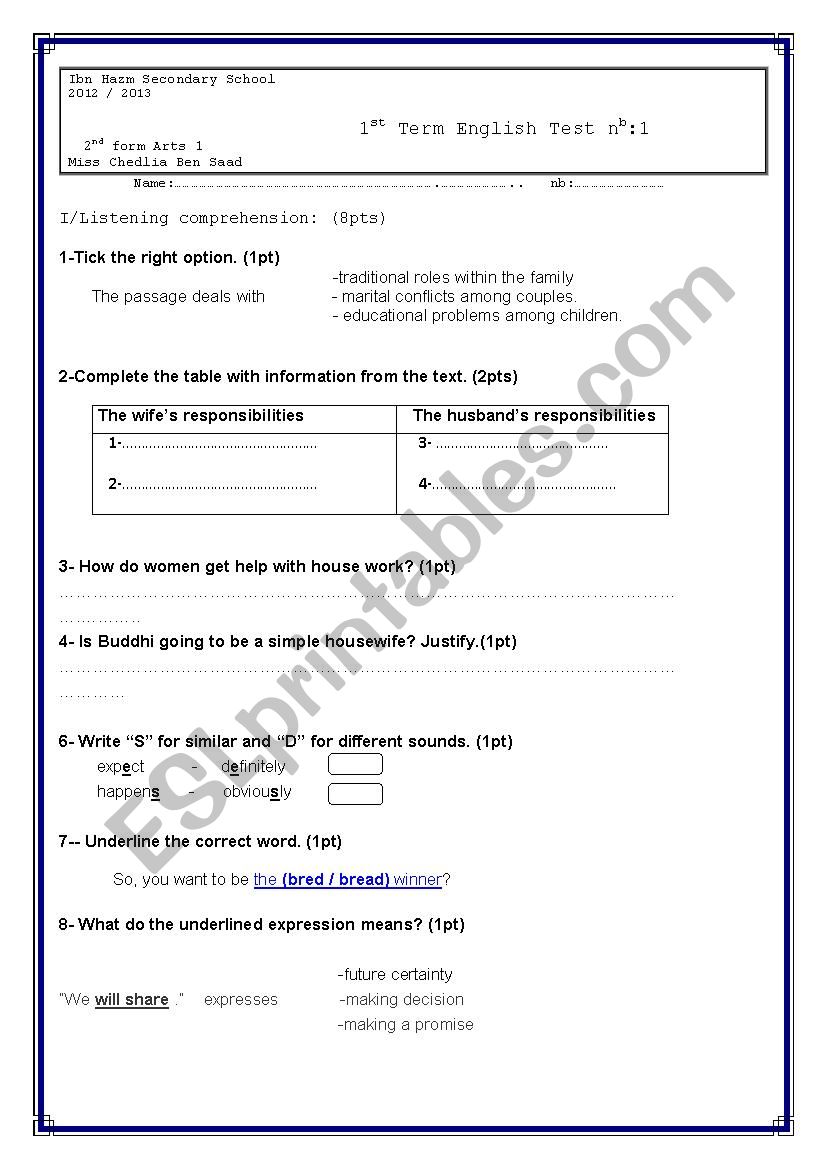 2nd form arts Test worksheet