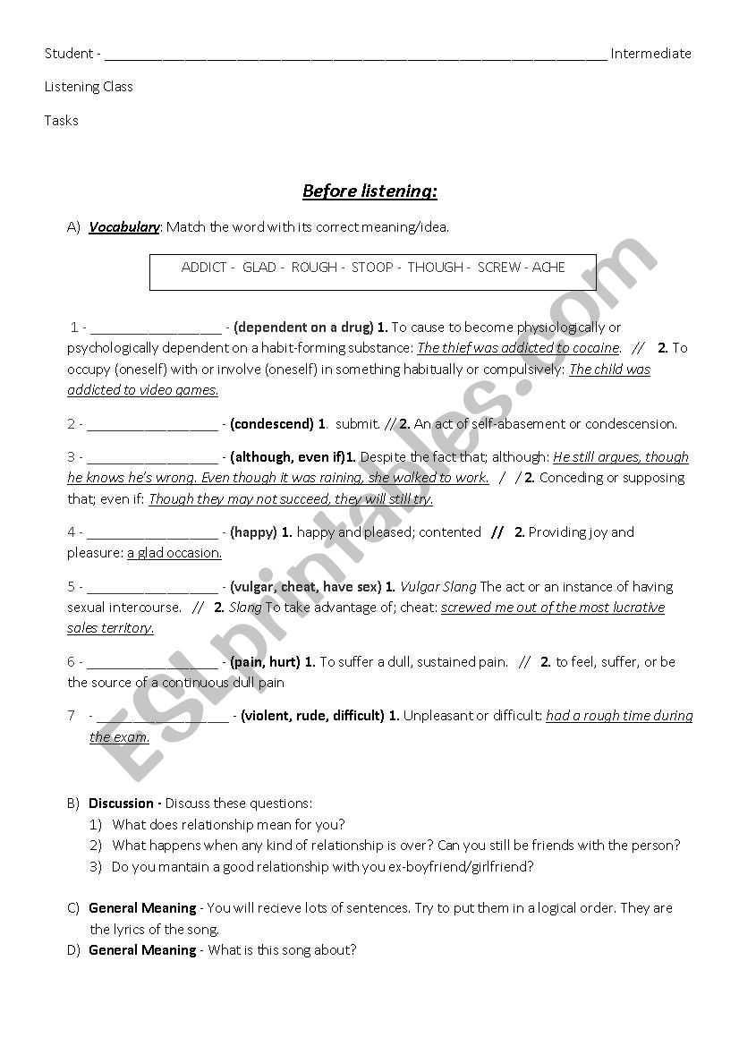 Song: Somebody I used to know - Intermediate - Students worksheet
