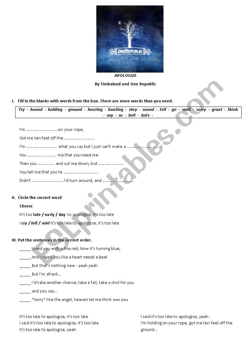 Apologize - ONE REPUBLIC worksheet