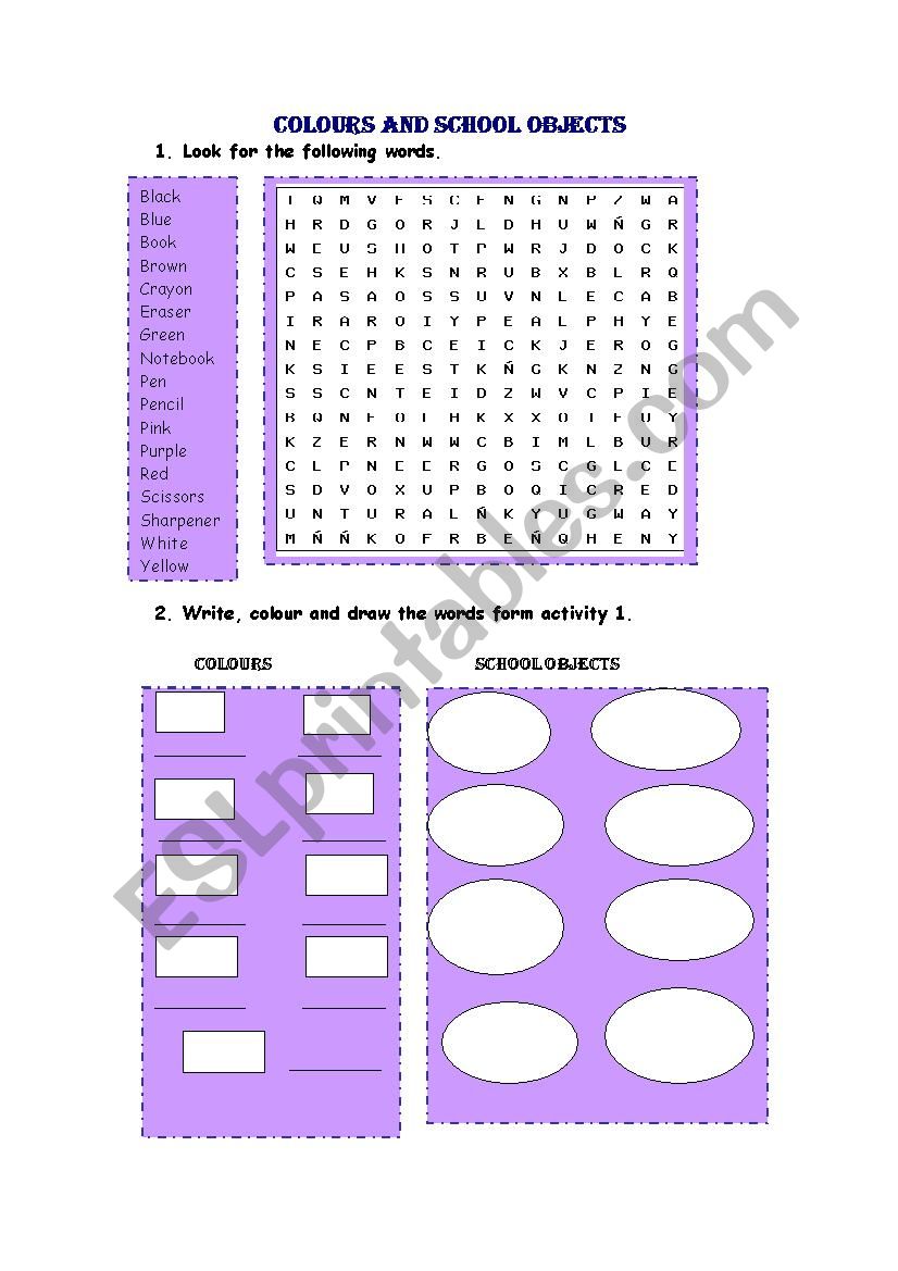 Colours and school objects worksheet