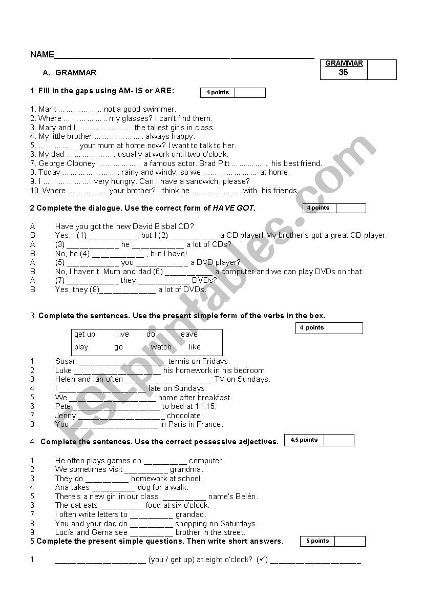 Elementary Test worksheet