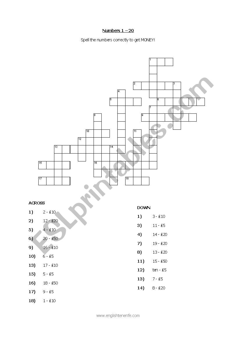 Numbers 1 to 10 Crossword Game