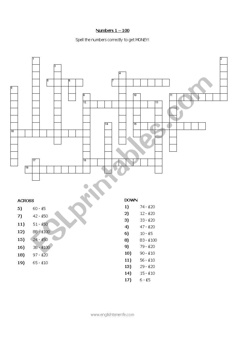 Numbers 1 - 100 Crossword Game