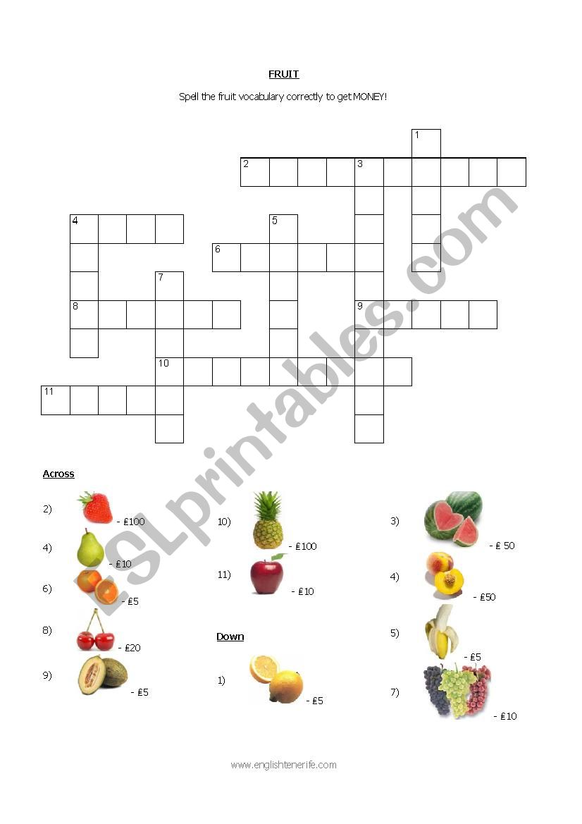Fruit Vocabulary Crossword Game